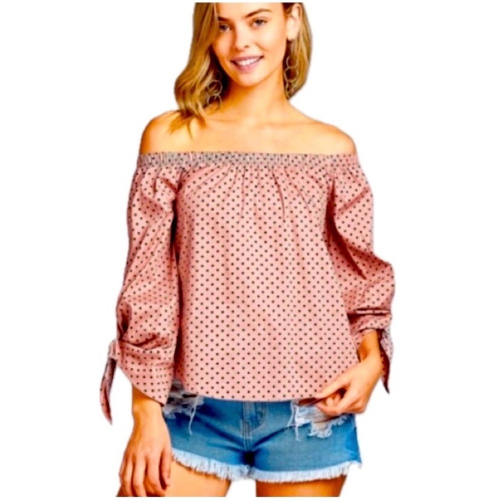 Active USA Pink Polka Dot Off The Shoulder Split Tie Sleeve Top Small Romantic